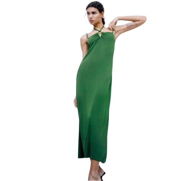 Zara Emerald Green Strapless V-Neck Keyhole Halter Top Tie Back Maxi Dress M - Picture 1 of 11